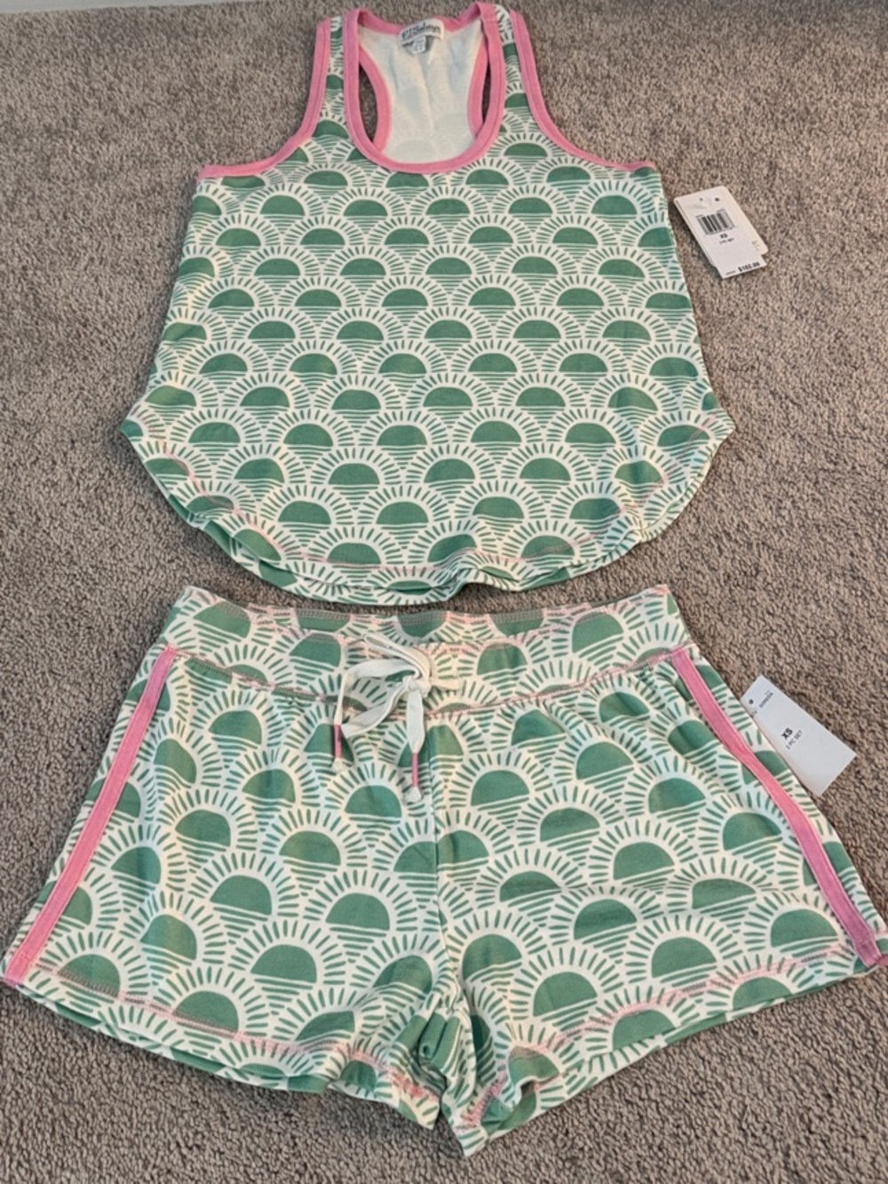 PJ Salvage Green White Pink Patterned Tank & Shorts Pajama Set